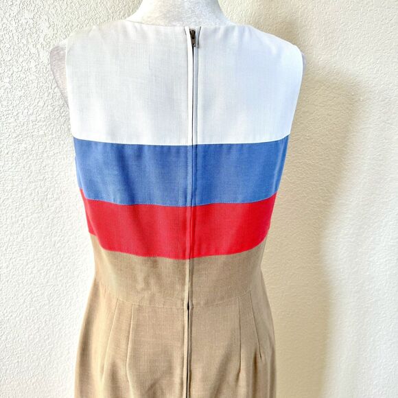 VTG Howard Wolf Size 8 Sheath Pencil Dress Tan Blue White Colorblock Stripes - Picture 6 of 16